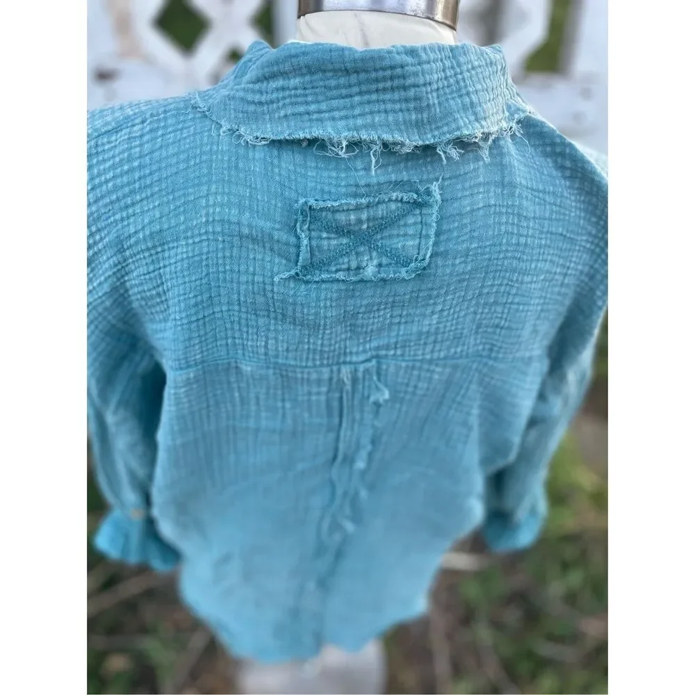 Zenana Blue Felicity Gauze Button Down Shacket Jacket Small Boutique New